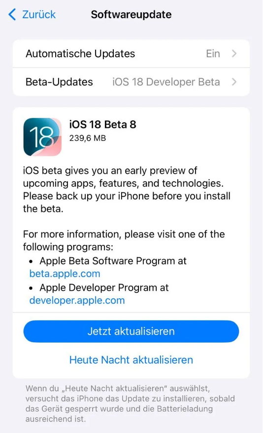 浦城苹果手机维修分享苹果 iOS / iPadOS 18 开发者预览版 Beta 8 发布 